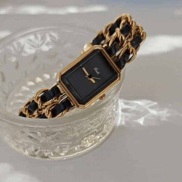 Gold Woven Chain Watch for Women ?C Black Dial Elegant Bracelet